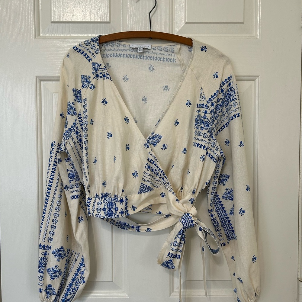 Linen Blend Cropped Wrap Top